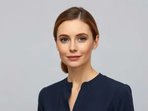 Niska kobieta w spodniach z wysokim stanem i wpuszczonej bluzce, które optycznie wydłużają sylwetkę w miejskiej scenerii.