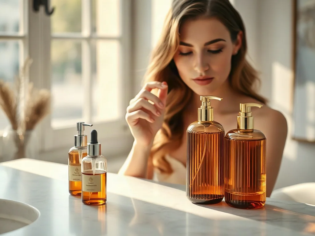 Eleganckie kosmetyki do włosów Nashi Argan w bursztynowych butelkach na marmurowym blacie, prezentowane przez kobietę.