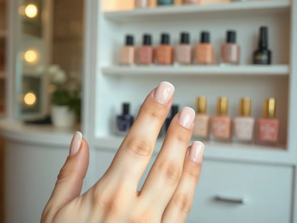 Zadbane dłonie z eleganckim manicure w pastelowym odcieniu na tle profesjonalnego salonu kosmetycznego.